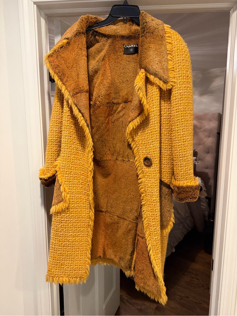 CHANEL Mustard Yellow Tweed & Shearling Coat - Picture 1 of 2
